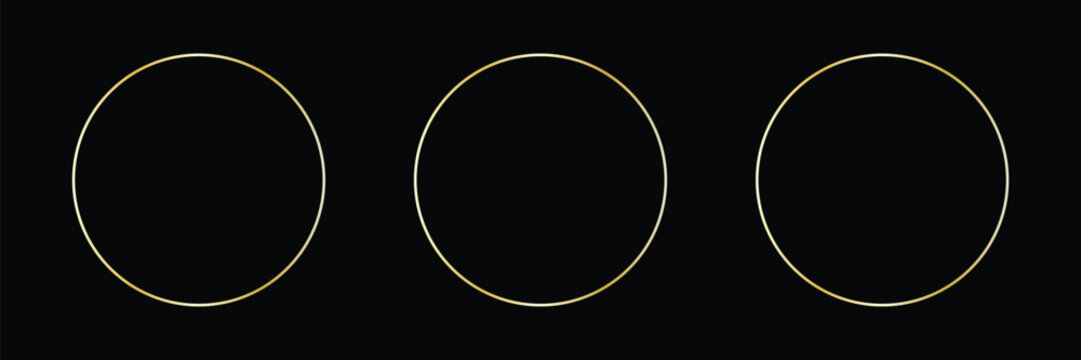 Gold and silver circle thin frame set. Shiny metallic foil circle border collection. Golden glowing boarder bundle in art deco style. Linear round element pack for photo, cadre, card, emblem. Vector