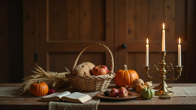 Schwenkfelder Thanksgiving harvest celebration, rustic colonial American still life with bread apples pumpkins and lit candles, vintage autumn holiday background