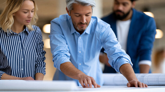 Faceless professional diverse team engaged in collaborative discussion about vertical farming solutions or architectural plans showcasing teamwork innovation and sustainable