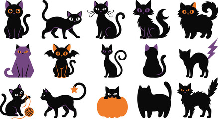 Obraz premium Set of cute black cat illustrations for halloween design and decoration with halloween collection whimsical mystical character creature seasonal celebration