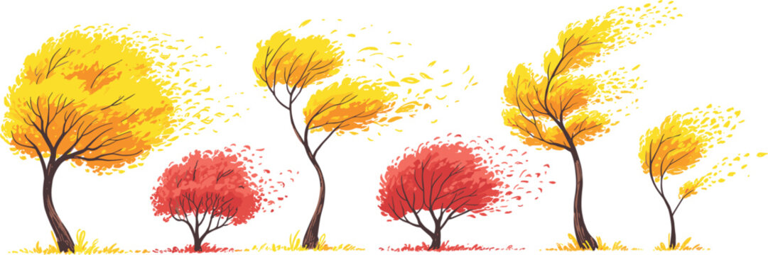 Vector illustration of autumn trees and bushes bending and losing leaves in strong blowing wind