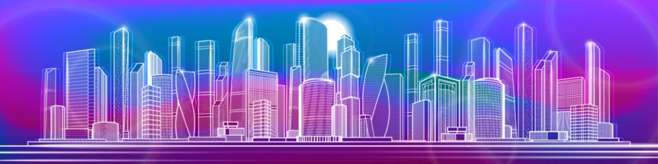 Futuristic city skyline in neon purple and blue colors. Linear wireframe illustration of a modern metropolis with glowing skyscrapers, abstract digital background © panimoni
