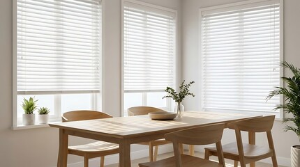 Fototapeta premium Modern dining room interior featuring durable faux wood blinds on multiple windows that provide adjustable light control for a bright and airy atmosphere