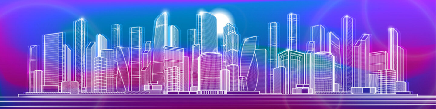 Futuristic city skyline in neon purple and blue colors. Linear wireframe illustration of a modern metropolis with glowing skyscrapers, abstract digital background