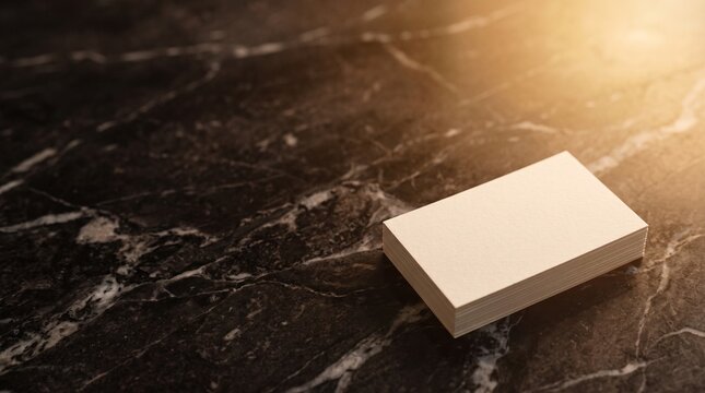 Minimalist blank white business card stack mockup on dark black marble texture background with warm cinematic light and shadow for branding presentation and corporate stationery design conce