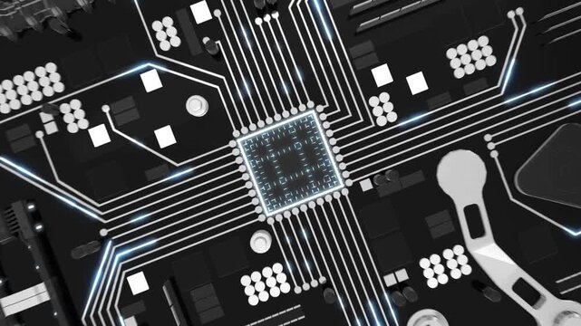Abstract digital circuit board design with glowing blue light trails