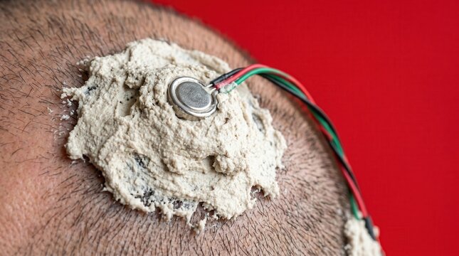Biohacking sensor attached to human scalp with conductive paste. Cybernetic enhancement and neural interface concept on red background.