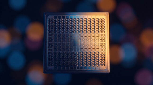 Macro view of a modern microchip processor showcasing complex circuitry architecture and detailed semiconductor patterns with cinematic blue and gold dual tone lighting against a blurred bok