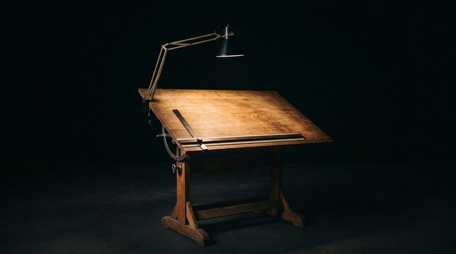 Vintage wooden drafting table with a classic architect lamp and T-square ruler on a textured surface in a dark studio setting with dramatic spotlighting perfect for creative work design conc