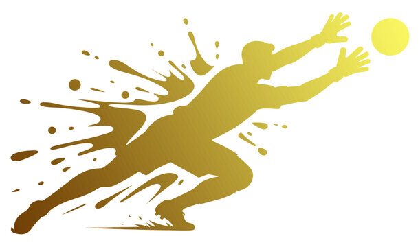 A vector silhouette illustration of a soccer goalkeeper attempting to catch the ball, featuring a mud-splatter design.	
