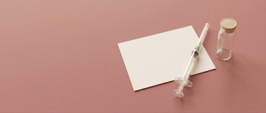 Disposable syringe and empty vaccine vial arranged on a blank card over a soft pink background. Medical branding and vaccination record mockup concept. For National Immunization Awareness Month.