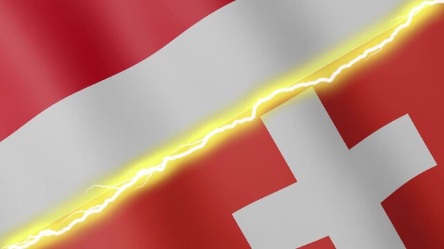 Two waving flags Monaco and Switzerland with diagonal lightning seamless, 4k loop