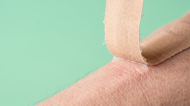Person peeling adhesive bandage off skin to reveal biohacking implant site. Minimalist green background with soft natural lighting.