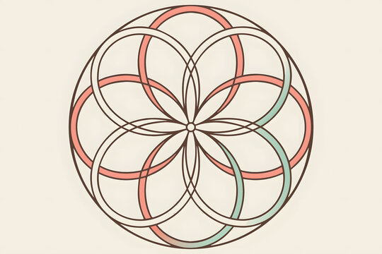 Colorful overlapping circles with floral pattern on light background, intricate geometric design.
