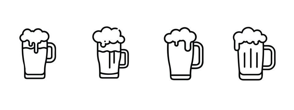 Beer mug and craft brewery drink line icons set, cold beer mug, frothy draft beer, craft beer glass & more vector illustration with editable stroke