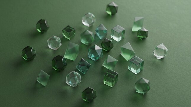 Abstract background featuring various translucent geometric glass crystals and multifaceted shapes scattered on a minimal sage green textured surface with soft cinematic lighting and shallow