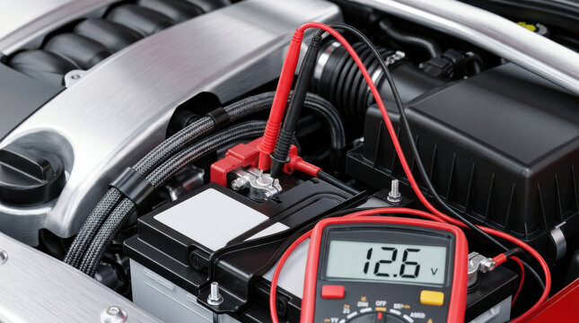 Car battery testing with multimeter showing voltage reading 12.6 volts under hood of vehicle