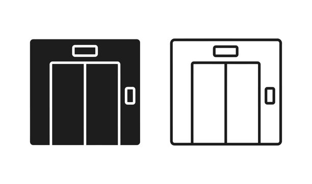 Minimalist black and white line art icons of modern elevator doors with control panels and indicators