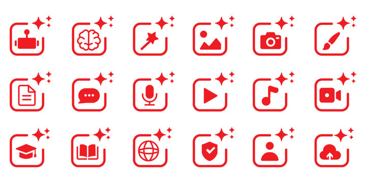 Set of generated AI icons. AI star symbol with a pointed and rounded tip. AI logotype. Artificial intelligence concept. Icon element for app and web. AI icon with shield protected. AI star icon.