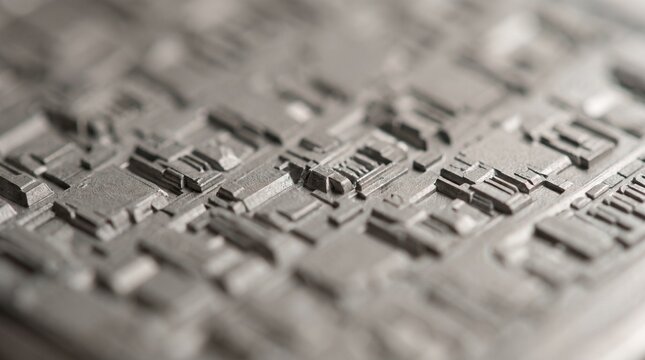 Macro close-up of a metallic circuit board texture with intricate geometric patterns representing advanced technology and industrial engineering design in a futuristic brushed silver finish