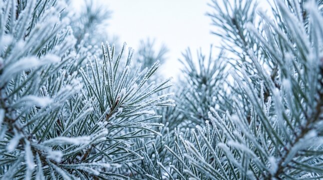 Macro view of frost covered pine tree needles in winter forest cold icy morning nature background with delicate hoarfrost crystals and soft natural lighting for seasonal holiday card design