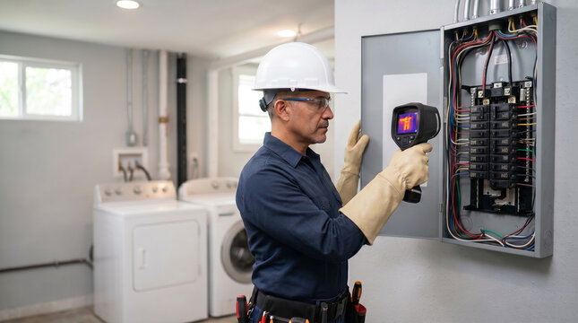 Electrician Inspecting Residential Electrical Panel with Thermal Imaging Camera