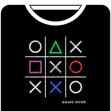 Retro gaming t-shirt design featuring a tic tac toe grid made with colorful controller symbols and the phrase "Game Over" in a distressed vintage arcade style.