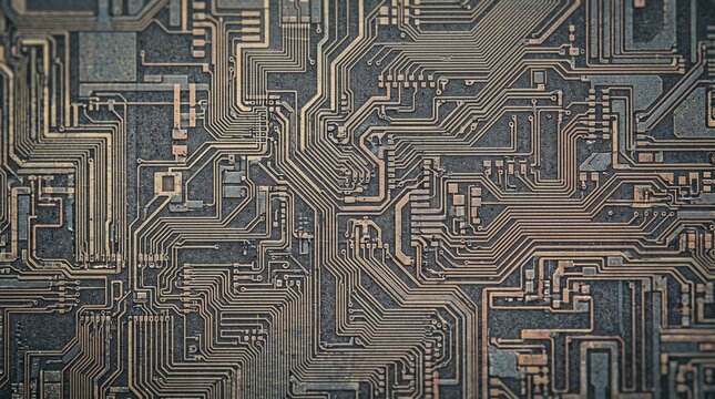 Macro top view of a dark computer printed circuit board showing complex copper pathways and electronic traces with high detail for a modern industrial technology background or tech wallpaper