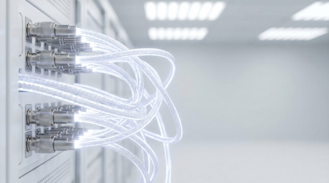 Fiber optic cables connected to server rack ports glowing with bright light in clean data center room