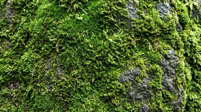 Vibrant green moss covering a weathered dark stone rock in a forest setting close up macro photography of natural vegetation texture with soft organic detail for nature backgrounds and desig