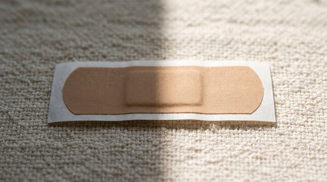 Adhesive bandage strip centered on a soft textured fabric surface featuring high contrast natural lighting and dramatic shadows for a clean medical healthcare or healing concept still life c