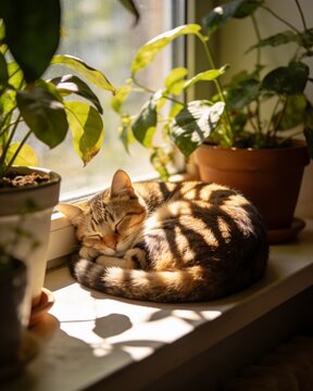A ginger tabby cat sleeping curled in a ball on a wooden window sill, nestled among green monstera and houseplant leaves in the warm sun.