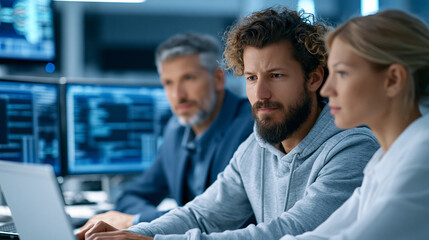 Fototapeta premium Faceless diverse data science team of mixed ages in intense discussion around table with multiple screens displaying complex code and data visualizations in innovative