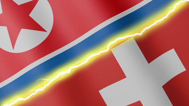 Two waving flags North Korea and Switzerland with diagonal lightning seamless, 4k loop
