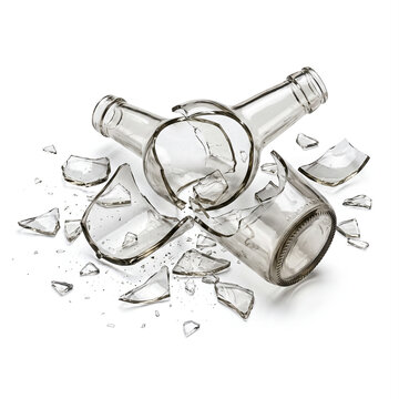 Glass bottle lies shattered into sharp fragments on a clean white surface to symbolize destruction and waste.