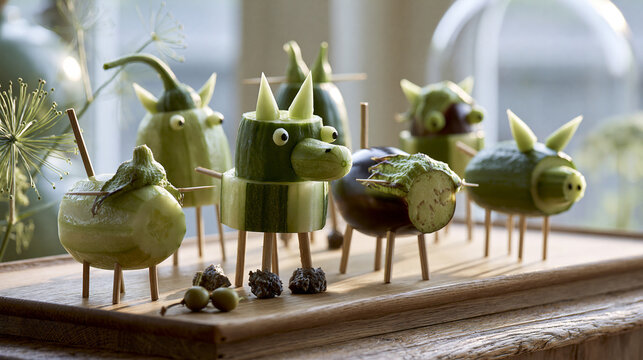 Traditional Japanese Obon festival spirit animals Shoryouma made from a cucumber horse and an eggplant cow on a wooden veranda with summer sunlight and copy space