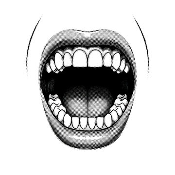 A black and white illustration of a wide-open cheerful mouth with visible teeth isolated on transparent background