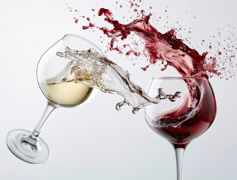 Two wine glasses with red and white wine splashing together