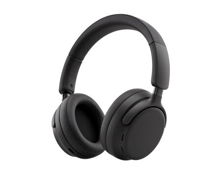 Black over-ear headphones with soft earcups on isolated on png transparent background