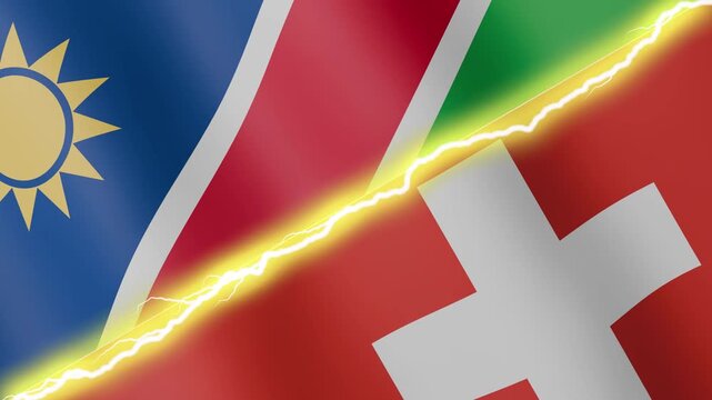 Two waving flags Namibia and Switzerland with diagonal lightning seamless, 4k loop