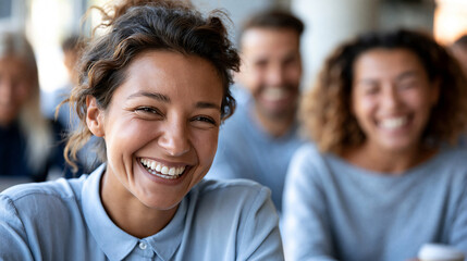 Obraz premium Faceless young diverse colleagues smiling and interacting in bright modern office during casual meeting with warm atmosphere and collaborative energy visible, positive corporate