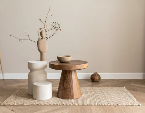 Minimalist interior with a wooden side table, a white pedestal, and a modern ceramic sculpture on a jute rug. Features natural textures, neutral tones, and decor.