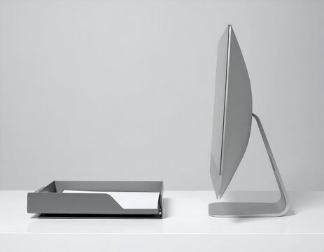 Modern desktop computer monitor and gray paper tray on a clean white desk, side angle minimalist office workstation setup for corporate workspace productivity.