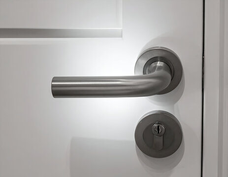 Modern brushed metal door handle and keyhole on a white paneled door. Close-up detail of stainless steel hardware, interior architecture, minimalist design.