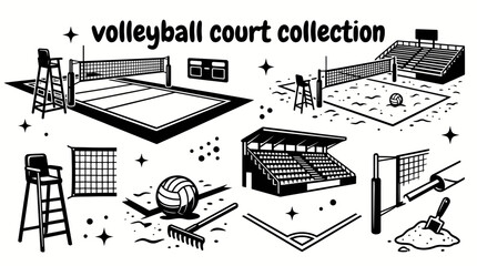 indoor and beach volleyball courts featuring regulation nets boundary lines referee stands grandstands sand courts and professional competition venues arranged as a commercial vector illustration set © Ethan