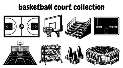 basketball courts collection featuring hardwood floors street courts hoops scoreboards bleachers training facilities and professional sporting venues arranged vector © Ethan