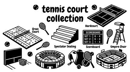 tennis courts featuring clay grass hardcourt practice walls umpire chairs scoreboards spectator seating and world class sporting venues arranged as a commercial vector illustration set © Ethan