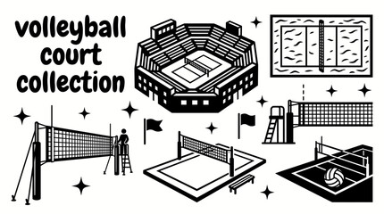 indoor and beach volleyball courts featuring regulation nets boundary lines referee stands grandstands sand courts and professional competition venues arranged as a commercial vector illustration set © Ethan