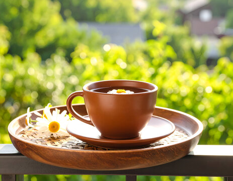 Brown ceramic teacup with chamomile flower on wooden saucer and woven tray, outdoors, relaxing tea break, herbal infusion, sunny garden setting, refreshment.