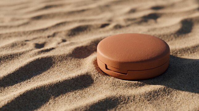 Minimalist round cosmetic makeup compact case in earthy terracotta color placed on sunlit desert sand dunes conceptual product photography with soft shadows and organic texture background